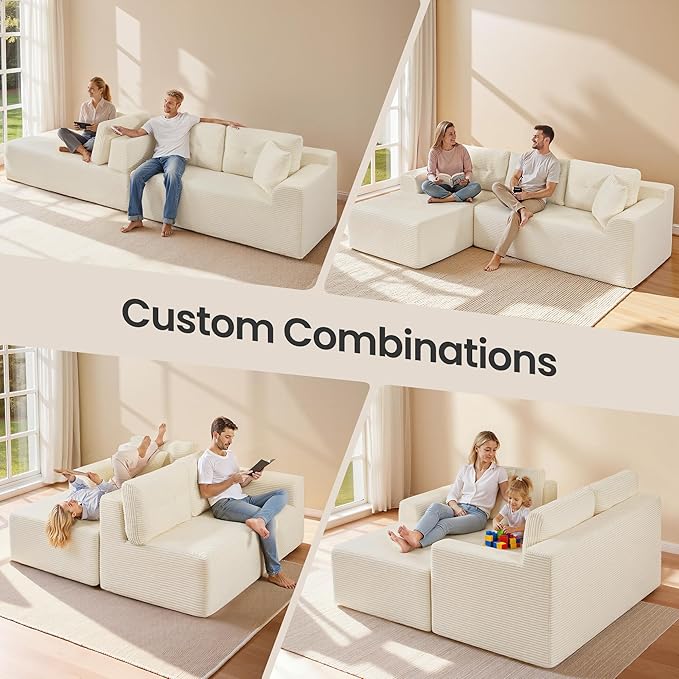 VASAGLE 108.3 Inches Boneless Couch with Chaise, Modular Sectional Sofa, Modern Cloud Couch with Deep Seat, L-Shape Corduroy Sofa for Living Room, Left-Facing Chaise, Bedroom, Cream White ULCS181WD01