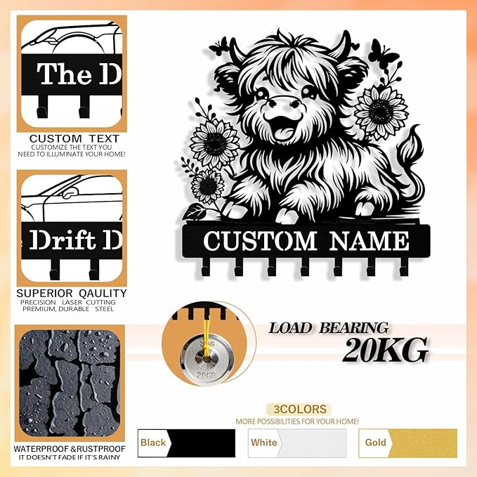 Personalized Highland Cow Key Holder Wall Mount, Custom Metal Keys Hanger for Wall with Name, Custom Key Rack Holder with Hooks for Home, Entryway, Front Door, Living Room, Kitchen, Bathroom
