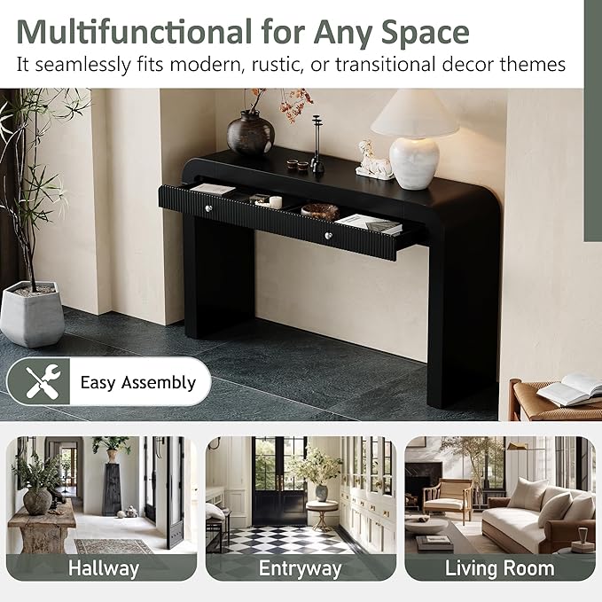 Farmhouse Modern Curved Console Table 54.3-Inch Sofa Entry Table Fluted Accent Tables with Storage Drawers for Living Room Entryway Hallway Furniture, Black