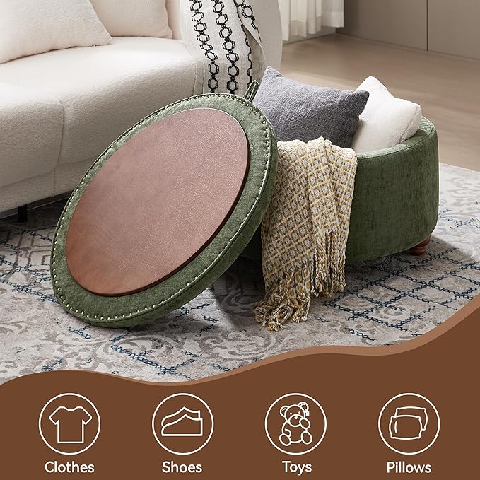 30Inch Round Storage Ottoman with Tray, Modern Tufted Circle Coffee Table with Storage, Upholstered Ottoman with Removable Top for Living Room, Bedroom, Chenille Green