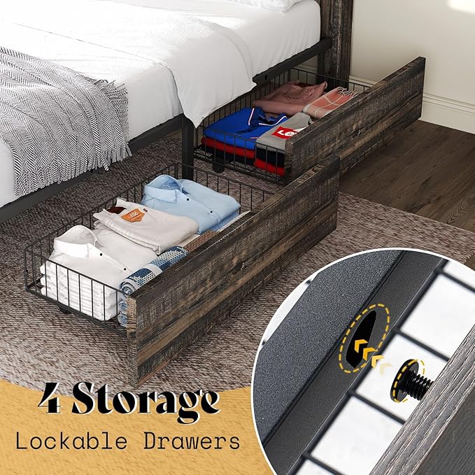 AMERLIFE Full Size Farmhouse Bed Frame with 4 Drawers, Wooden Storage Bed Frame with Headboard and Heavy Duty Metal Slats, Noisy Free, Easy Assemble, Rustic Black