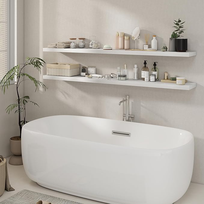 Fun Memories 72 Inch Floating Shelves for Wall, 8 Inch Deep Floating Shelf, Large Shelves with Invisible Bracket for Books|Storage, Rustic Wood Wall Shelf for Bedroom, Kitchen, Living Room, White