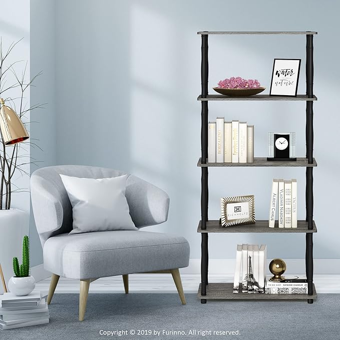 Furinno Turn-N-Tube 5-Tier Multipurpose Shelf Display Rack with Classic Tubes, French Oak Grey/Black