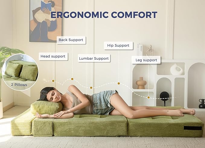 MAXYOYO Convertible Sofa Bed, Fold Out Sleeper Sofa with Pillow, 4 in 1 Tufted Folding Couch Bed Foam Floor Couch, Lazy Chair for Living Room Bedroom Guest Room, Green