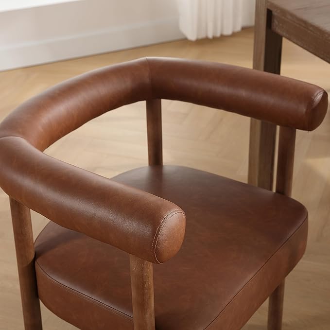 PU Leather Dining Chairs Set of 4, Modern Upholstered Dining Chairs, Curved Backrest Kitchen Dining Room Chairs Accent Chairs Arm Chairs with Natural Wood Legs, Brown