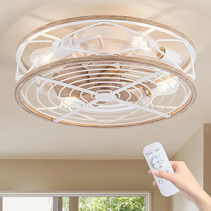 TIFEROR Flush Mount Ceiling Fan with Light, 20" ‎Farmhouse Low Profile Ceiling Fan with Remote, Reversible Motor, Suitable for Bedroom, Kitchen, Dining Room, Hallway