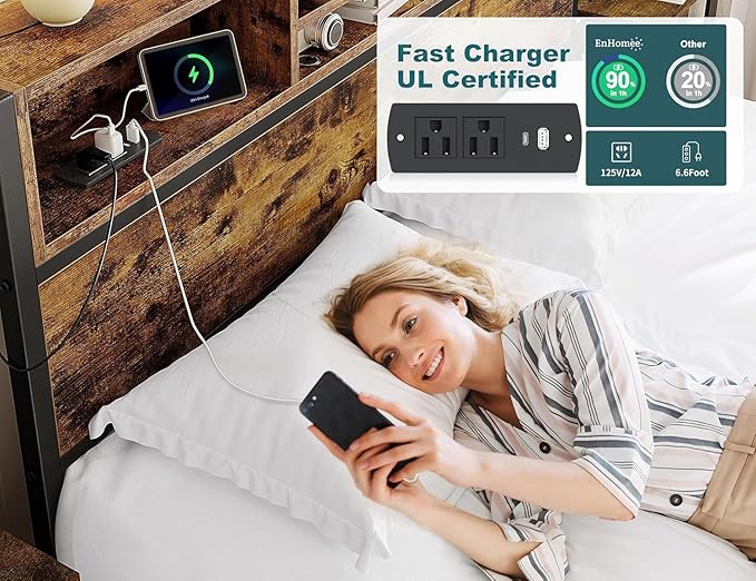 EnHomee King Size Bed Frame with 6 Storage Drawers King Bed Frame and Headboard, Storage Bed with Charging Station, No Noise,No Box Springs Needed,Vintage Brown