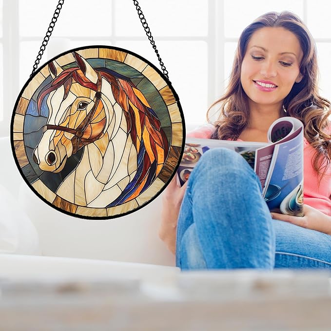 Stained Glass Window Hanging, Animal Horse Colored Mane Sun Catchers Glass Panel Cool Suncatcher Decor for Birthday for Women, Men, Wife, Aunt, and Mom 14.9x14.9 in
