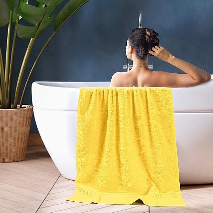BOUTIQUO 100% Cotton 2 Pack Bath Towel Set 28x55, Eco-Friendly Large Bath Towels, Compact Quickdry Lightweight Soft & Highly Absorbent Bath Towel, Ideal for Everyday Gym Travel Camp Pool - Lime Yellow