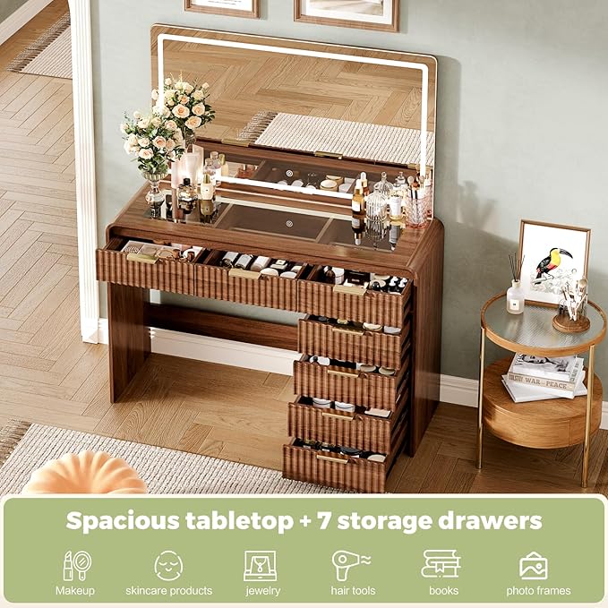 47“Makeup Vanity Desk with 44.8" Mirror and Lights, Vanity Desk with 7 Drawers, Makeup vanity table with a glass tabletop, 3 Color Modes & Adjustable Brightness Dressing Table, Bedroom,Walnut