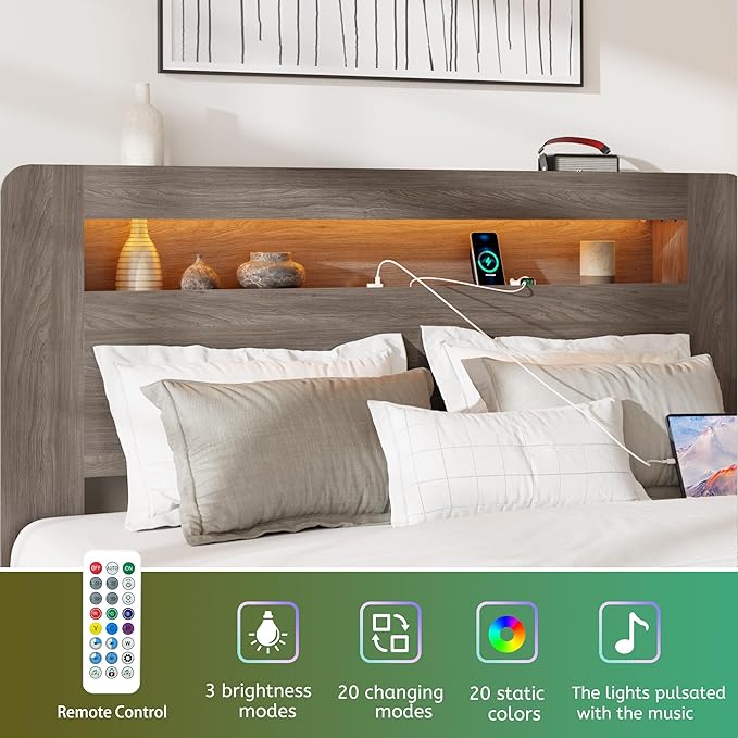 Full Bed Frame with Headboard, Wooden Platform Bed Frame Full Size with Bookcase Shelf, LED Lights, Charging Station, Heavy Duty Supports, No Box Spring Needed,Dark Grey