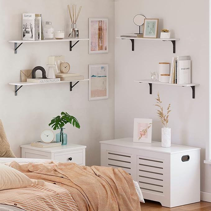 DINZI LVJ Long Wall Shelves, 31.5 x 7.9 x 6.1 Inches, Set of 2 White Floating Shelves, Easy-to-Install, Large Storage Ledges with Sturdy Metal Brackets for Living Room, Bathroom, Bedroom, Kitchen