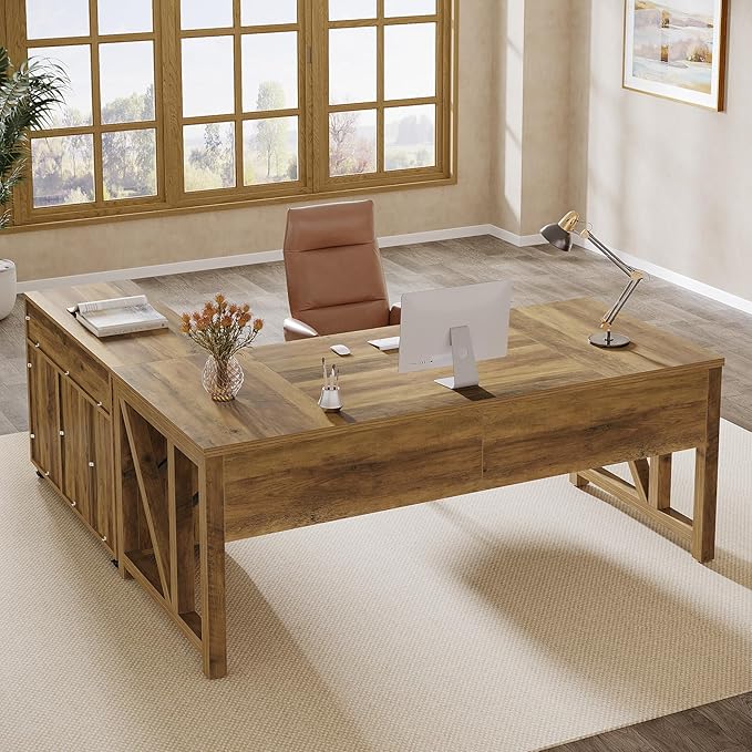 Tribesigns L Shaped Desk with Drawer Cabinet, 63" Executive Computer Desk and lateral File Cabinet, 2 Piece Home Office Furniture with Drawers for Hanging, Door (Rustic Brown, 63 inches)