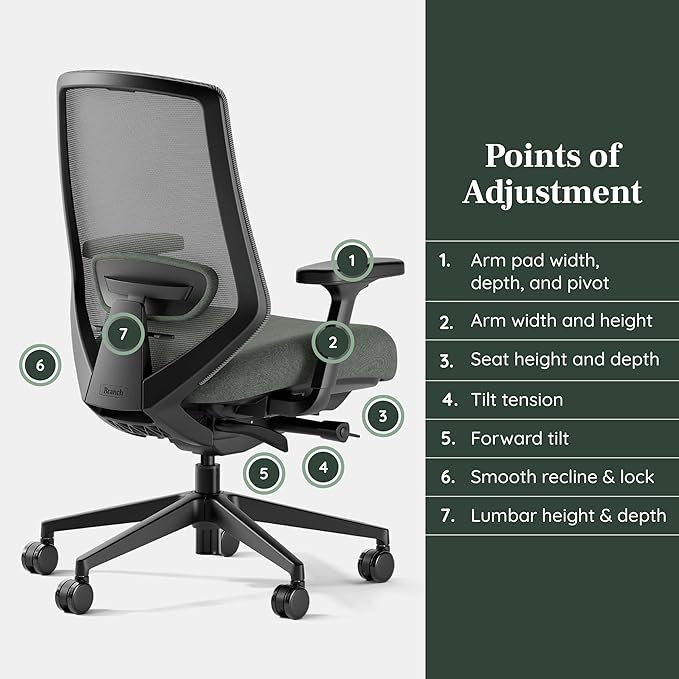 Branch Ergonomic Chair Pro - Mesh Office Chair with 14 Points of Adjustment - Height, Depth & Tilt Adjustable - 5D Armrests - Forward Tilt, Smooth Recline, and Lumbar Support - Everglade