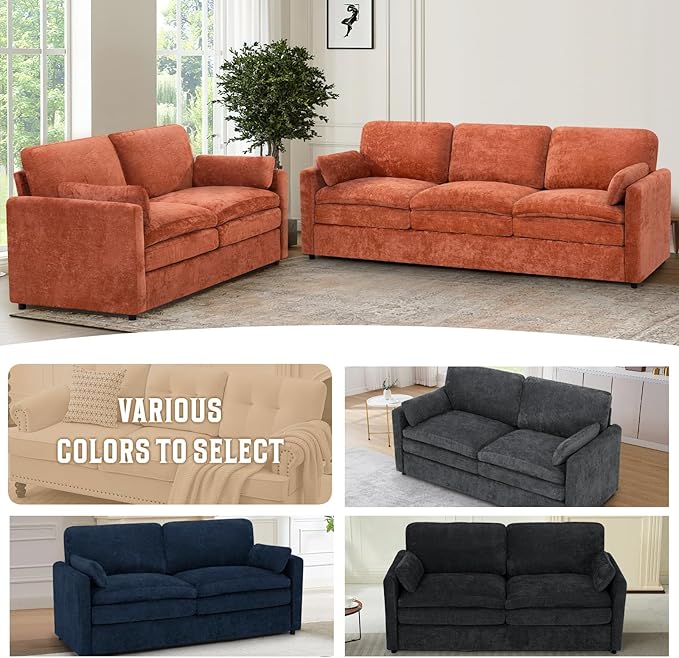 69" Chenille Modern Couch with Cozy & Soft Backrests, 2 Seats Sofa with 2 Extra Pillows, Comfy Upholstered Sofa with Thicker Cushions for Living Room, Office, Orange
