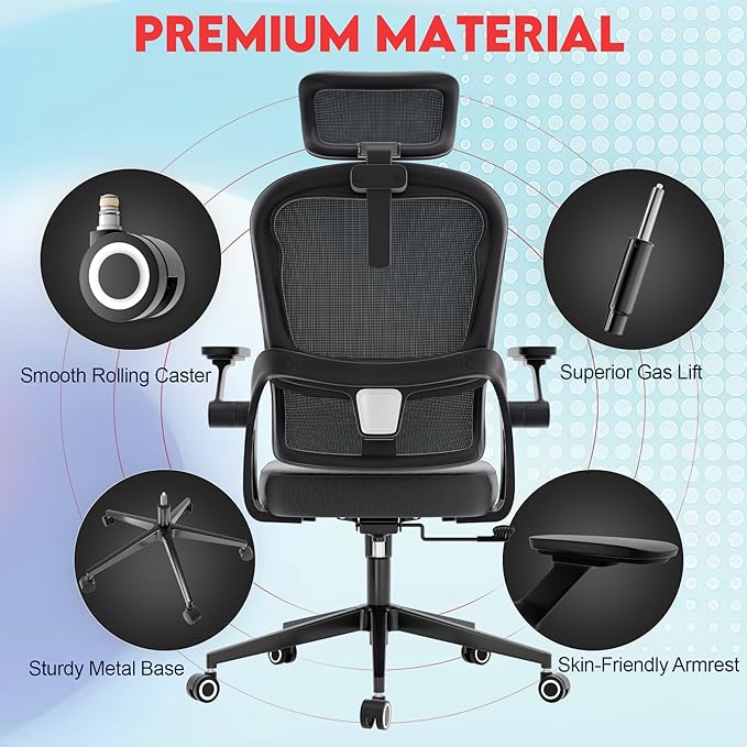 Ergonomic Office Chair - 400LB Comfy Desk Chairs with Adjustable Headrest and Lumbar Back Support, Mesh Computer Chairs with Wheels and Arms for Home Office, Study, Bedroom and Dorm (01black)