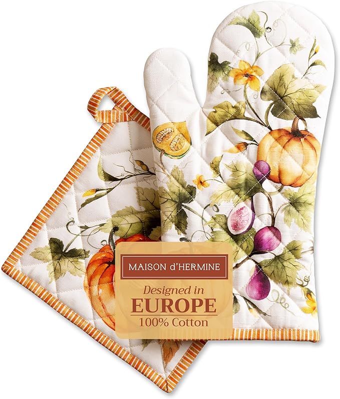 Maison d' Hermine 100% Cotton Oven Mitt & Pot Holder Set (7.5"x13" & 8"x8") Heat Resistant BBQ Cooking Gloves with Loop for Christmas Decorations Handling Hot Pans (Pumpkin Garden - Cloudy Cream)