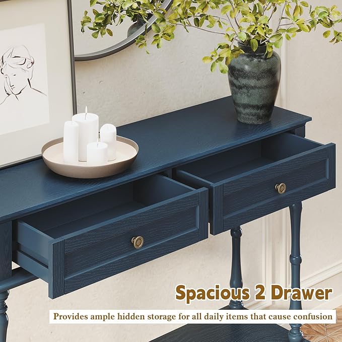 ARTPOWER Console Table for Entryway with 2 Drawers-Minimal Assembly,Retro Entryway Table with Storage Cabinets and Open Shelf,Narrow Long Couch Table Behind Sofa for Living Room,Foyer,Hallway,Blue