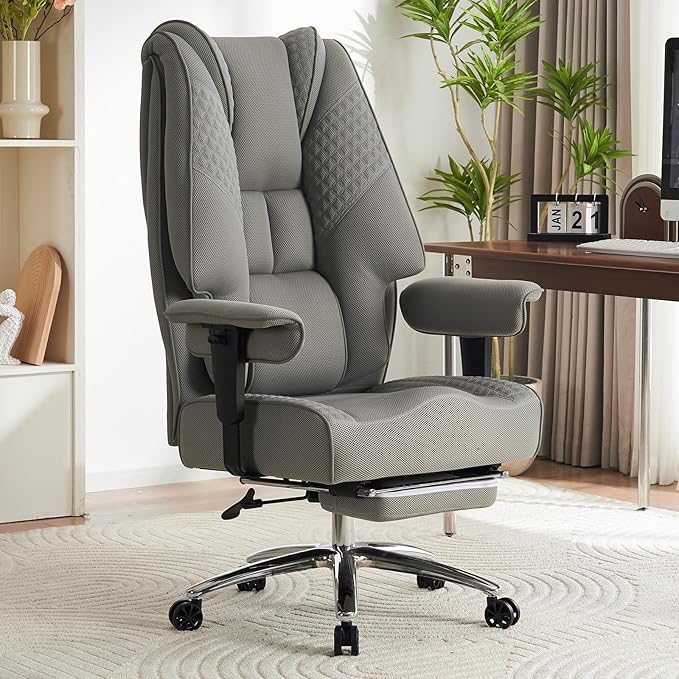 Big and Tall Office Chair with Footrest, PU Leather High Back Executive Office Chair 400lbs, Ergonomic Computer Chairs Lumbar Support for Heavy People (Mesh Grey)