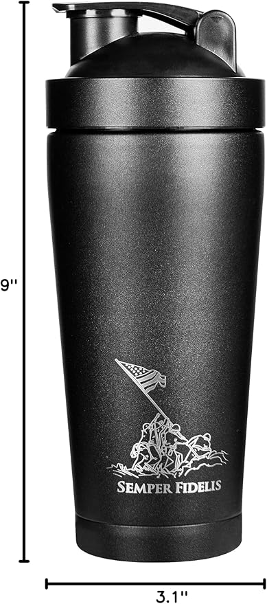 Military Gift Shop 24 oz Insulated USMC Shaker Bottle with Marine Corps Logo–24oz Water Bottle–Cup for Protein Shakes USMC Gifts | USMC Shaker Cup