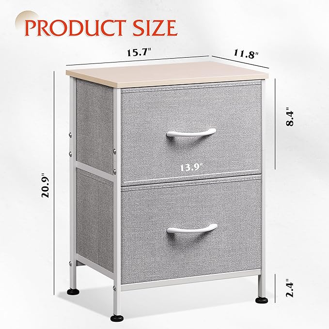 WLIVE Night Stand, Gray Nightstand with 2 Fabric Drawers, Small Dresser for Bedroom, Closet, College Dorm, End Table Side Furniture, Wood Top, Light Grey