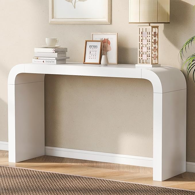 52" Curved Console Table for Entryway Modern Long and Narrow Foyer Table Behind Couch for Corridor Living Room Wood (White)
