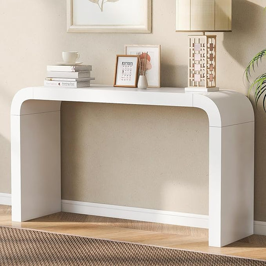 52" Curved Console Table for Entryway Modern Long and Narrow Foyer Table Behind Couch for Corridor Living Room Wood (White)