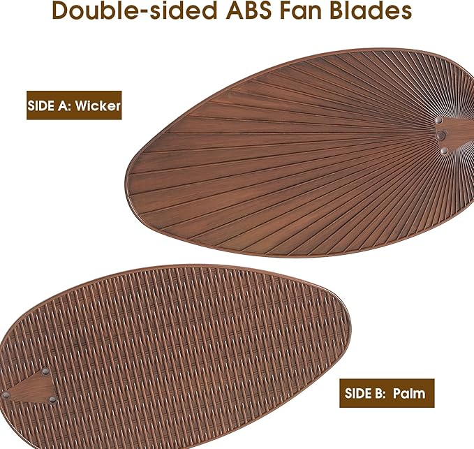 50 Inch Tropical Ceiling Fan no Light, Outdoor Waterproof Palm Leaf Ceiling Fans for Patios Porches, Remote +APP Control, Wet Rated, 6 Speeds, Quiet, Brown