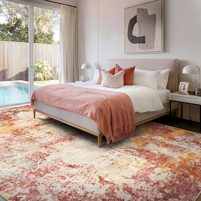 Area Rug Living Room Rugs - 10x14 Washable Modern Neutral Abstract Rugs Soft Low Pile No Slip Stain Resistant Rug Indoor Large Carpet for Bedroom Dining Room Nursery Room Home - Pink/Orange