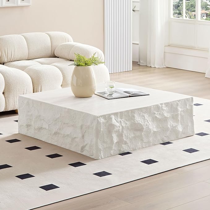 Square Coffee Table, 35.43" Imitation Stone Coffee Table Fiberglass Side Accent End Unique Center Table for Living Room Bedroom Apartment Office, Beige