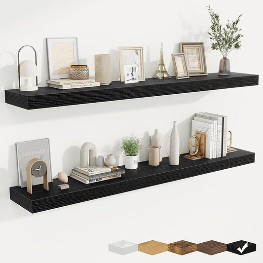 fuqing Floating Shelves for Wall, Wall Mounted Wood Floating Shelf with Invisible Brackets for Living Room, Bathroom, Bedroom, Kitchen Storage and Decor, 55 Inch Set of 2, Black