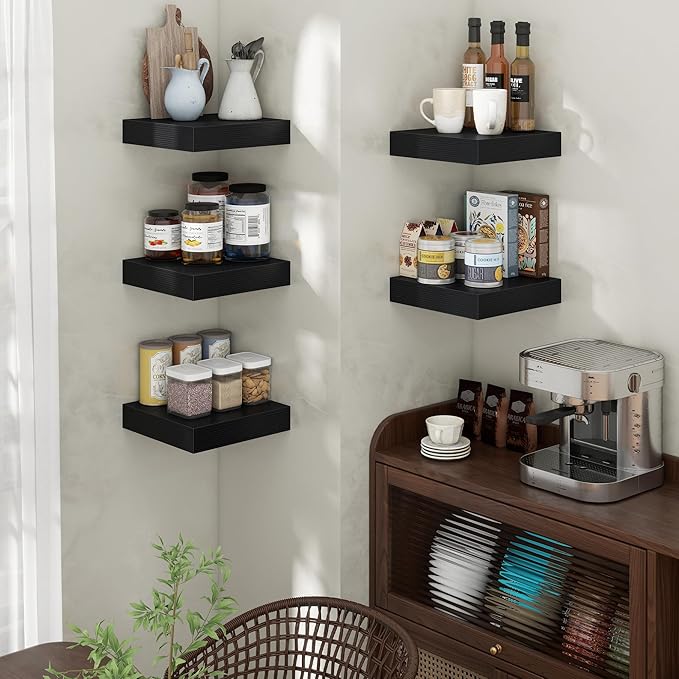 Square Floating Shelves for Wall, 12" W x 12" D x 2" H, 2 Pack of Small Wall Mounted Engineered Wood Shelves with Invisible Brackets for Living Room, Bedroom, Bathroom, Kitchen Decor, Black