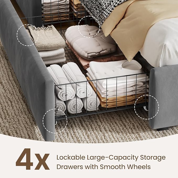 Full Size Bed Frame with 4 Storage Drawers and LED, Adjustable Clouds Headborad, Velvet Upholstered Platform Full Bed Frame with Charing Station, Wood Slats Support, No Box Spring Needed,Grey
