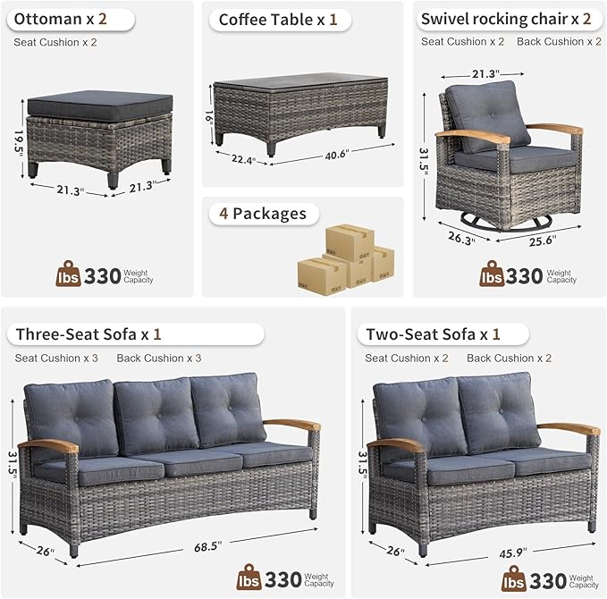 MEISSALIVVE Patio Furniture Sets, 7 Pieces Outdoor Rattan Furniture Conversation Sets with 2 Wood Armrests Swivel Rocker Chairs, 2 Ottoman, 3-Seat Sofa, 2-Seat Sofa and Coffee Table(Grey)