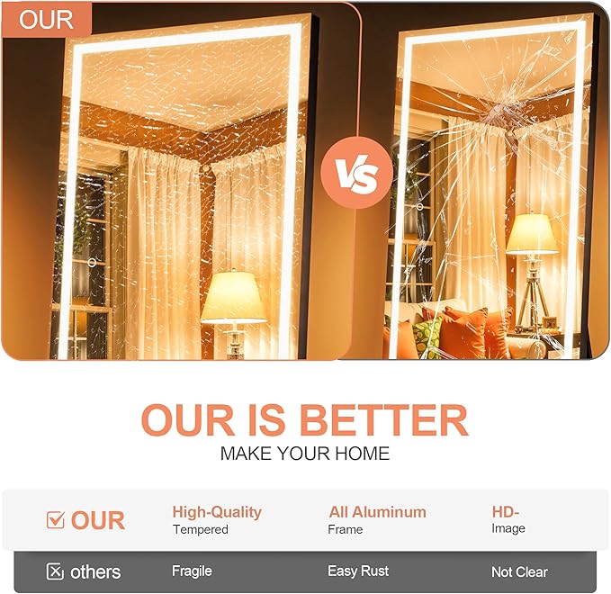 Full Length Mirror with Lights, 71" x 32" LED Lighted Floor Standing Mirror, Tempered Glass, Square Black