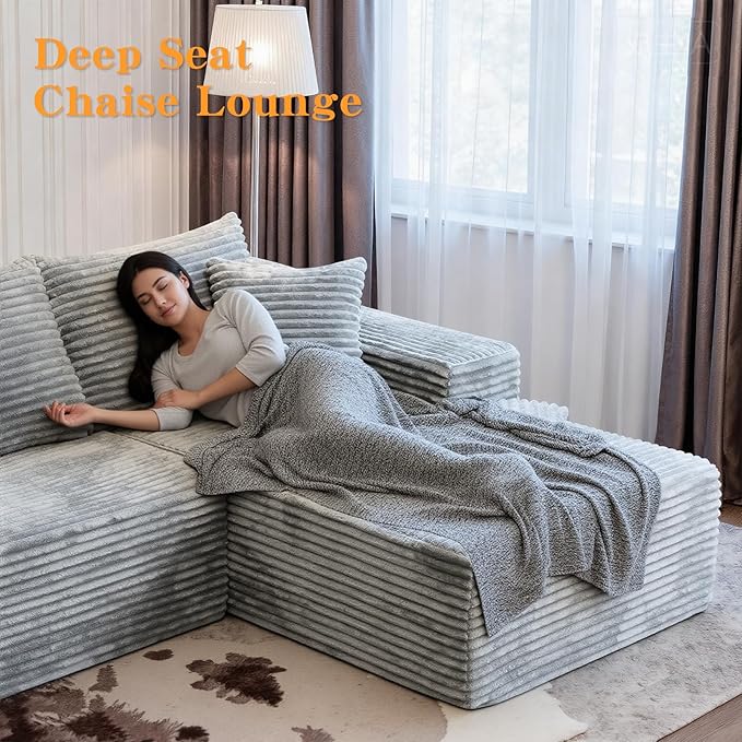 106''Boneless Couches for Living Room, L Shaped Modular Sectional Sofa with Chaise Lounge, Faux Rabbit Fur & Layered Cushion Deep Seat Cloud Couch, No Assembly (Grey, Right Facing Chaise)