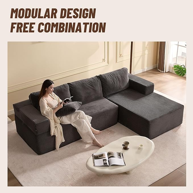 107" Boneless Couch with Deep Seat, Modular Sectional Sofa, Cloud Sectional Couch for Living Room, No Assembly Required, Corduroy, L-Shape Right?Grey