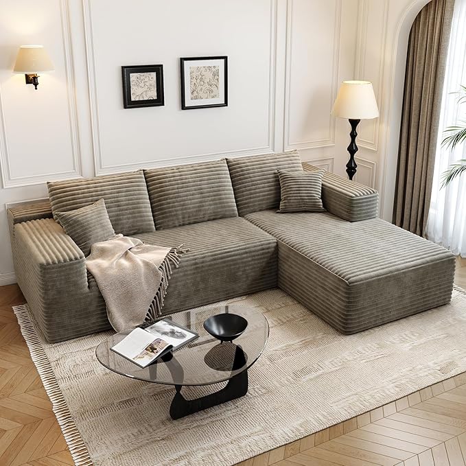 107.5" Cloud Modular Sectional Sofa Couch with L-Shape Chaise,Modern Minimalist Upholstered Couches for Living Room Bedroom,Deep Seat Corner Couch，No Assembly Required (Camel,Right Facing Chaise)