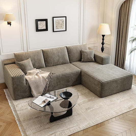 107.5" Cloud Modular Sectional Sofa Couch with L-Shape Chaise,Modern Minimalist Upholstered Couches for Living Room Bedroom,Deep Seat Corner Couch，No Assembly Required (Camel,Right Facing Chaise)