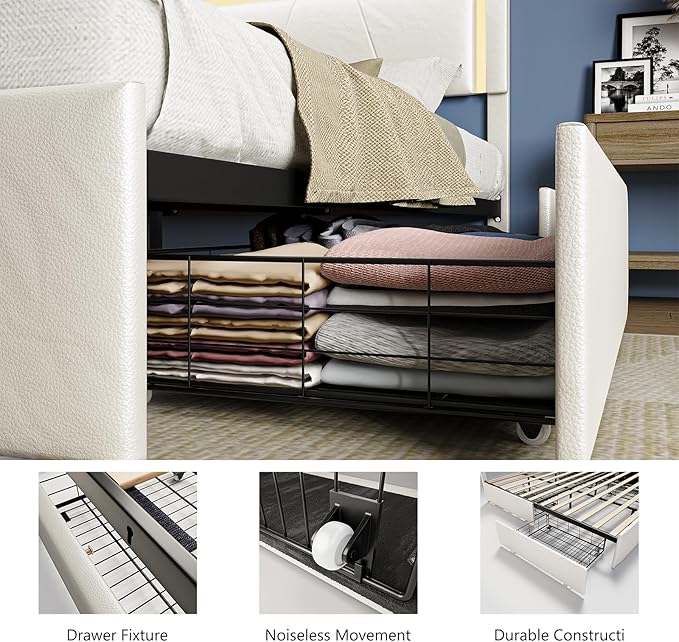 Queen Size Bed Frame with Adjustable Headboard, Upholstered Platform Bed with 4 Storage Drawers, Wooden Slats Support, Built in Charging Station & LED, Noise-Free, No Box Spring Needed, Beige