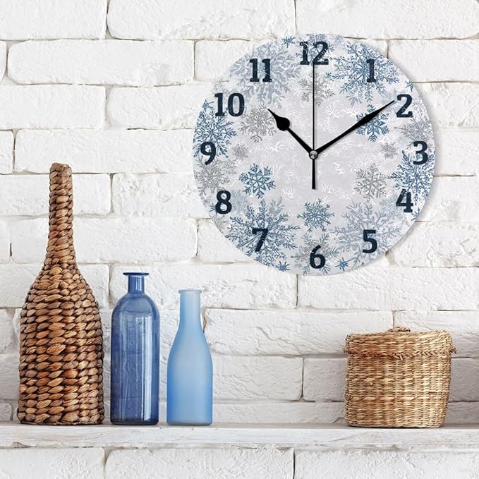 Christmas Wall Clock Blue and White Snowflake Silent Non Ticking Wall Clock Decorative Battery Operated Wall Clocks 10 Inch for Home Kitchen Bedroom Living Room Office