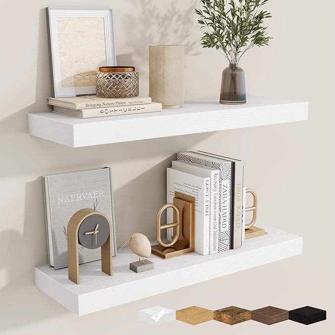 fuqing Floating Shelves for Wall, Wall Mounted Wood Floating Shelf with Invisible Brackets for Living Room, Bathroom, Bedroom, Kitchen Storage and Decor, 24 Inch Set of 2, White