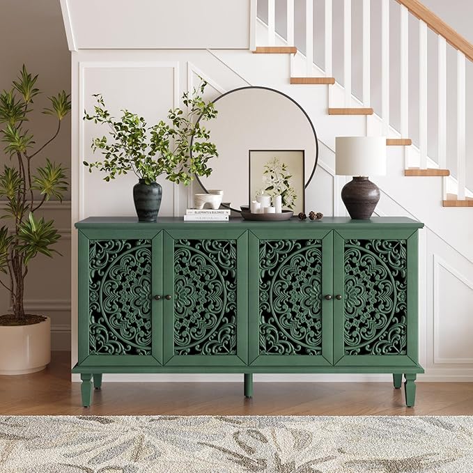Retro 60'' Large Storage Cabinet Sideboard with 4 Hollow-Carved Doors and Adjustable Shelves, Acacia Wood Vintage Entryway Console Table TV Stand for Living Room Dining Room (Antique Green-LK)