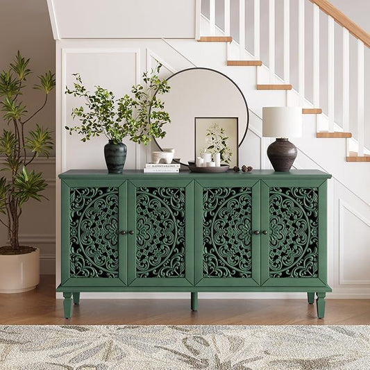 Retro 60'' Large Storage Cabinet Sideboard with 4 Hollow-Carved Doors and Adjustable Shelves, Acacia Wood Vintage Entryway Console Table TV Stand for Living Room Dining Room (Antique Green-LK)