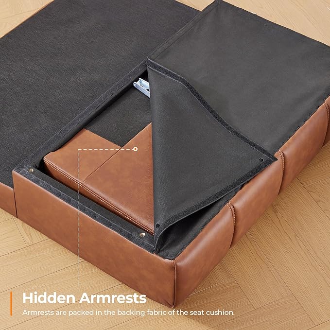 Fadware Faux Leather Couch, Convertible Futon Sofa Bed with Adjustable Backrest, Mid Century Leather Sofa Loveseat with Side Pockets& Metal Leg, Modern Leather Sleeper Sofa for Living Room Bedroom