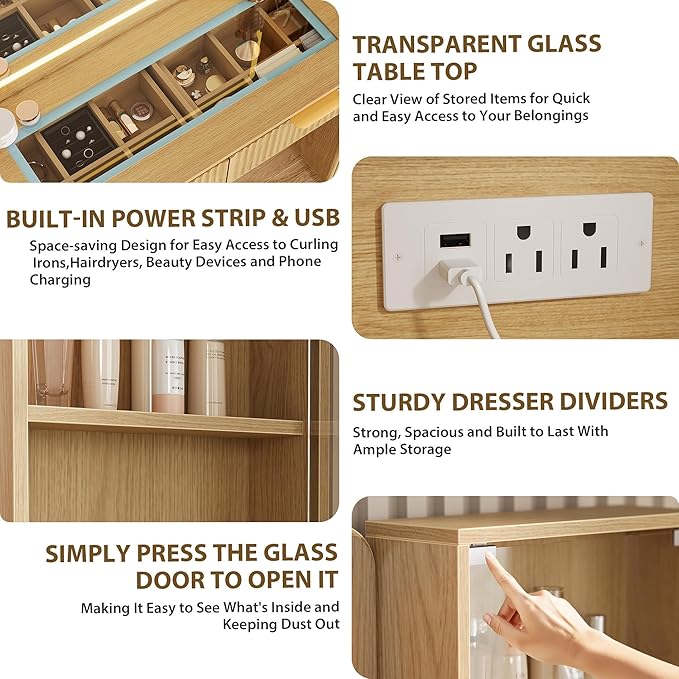 GarveeHome Fluted Makeup Vanity Desk with Lights, 48 in Big Vanity with Glass Top and Large 36" HD Lighted Mirror, Modern Dressing Table with 5 Drawers 3-Tier Shelves Set w/Charging Station (Oak)