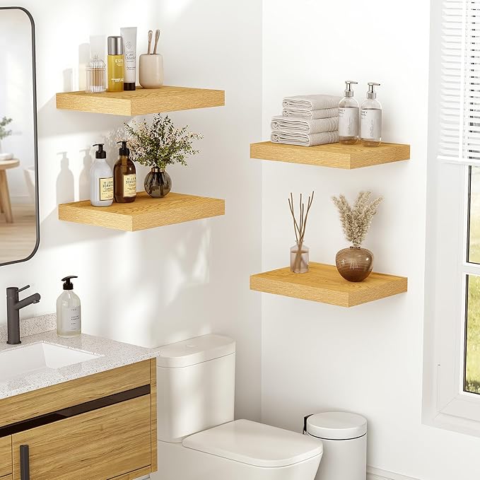 Vivelove 10" Deep Floating Shelves Over Toilet, 10.2" Wall Shelves for Bathroom Bedroom Kitchen Living Room Laundry Room, Modern Rustic Shelves for Home Decor, 10.2"x10.2"x1.5", Set of 2, Oak