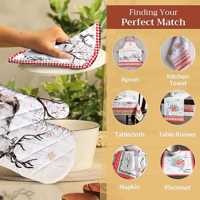 Maison d' Hermine 100% Cotton Oven Mitt & Pot Holder Set (7.5"x13" & 8"x8") Heat Resistant BBQ Cooking Gloves with Loop for Thanksgiving Christmas Decorations Handling Hot Pans (Rural Christmas)