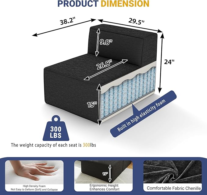 38“ Modular Sectional Sofa Convertible Cube Thick Couch Seat Set, Combine L-Shaped U-Shaped, Free Assembly, Space-Saving for Living Room, Fabric Chenille Black Grey (Only Armless)