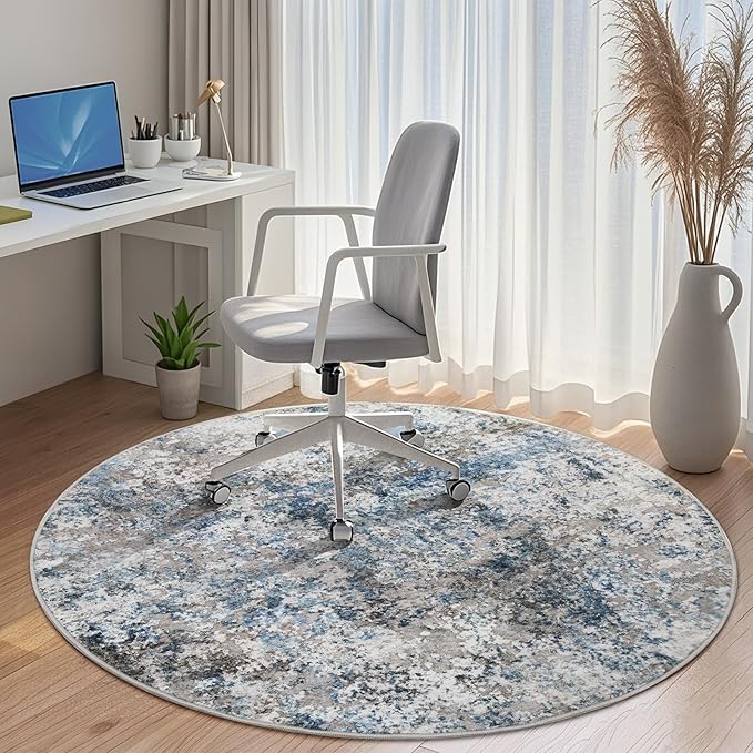 6ft Round Area Rug for Living Room- 6x6 Washable Neutral Abstract Rug for Bedroom Modern Soft Dining Room Rug No Slip Low Pile Carpet for Nursery Home Office Decor - Grey/Blue